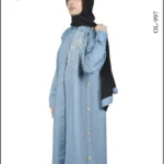 Denim gown abaya with elegant embroidery, offering a modern and modest design.