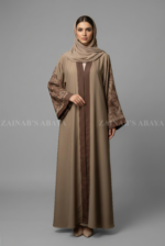 Nida front open gown abaya with delicate embroidery on the sleeves, offering a modest and stylish design.