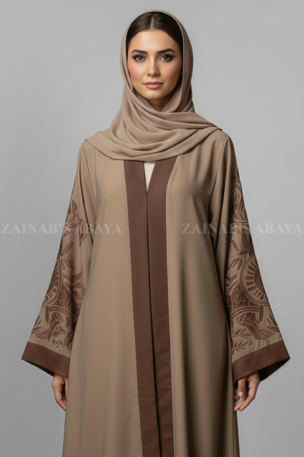 Nida front open gown abaya with delicate embroidery on the sleeves, offering a modest and stylish design.