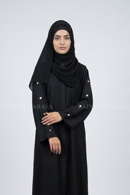Nida front open gown abaya with a sleek and elegant design, perfect for modern modest fashion.