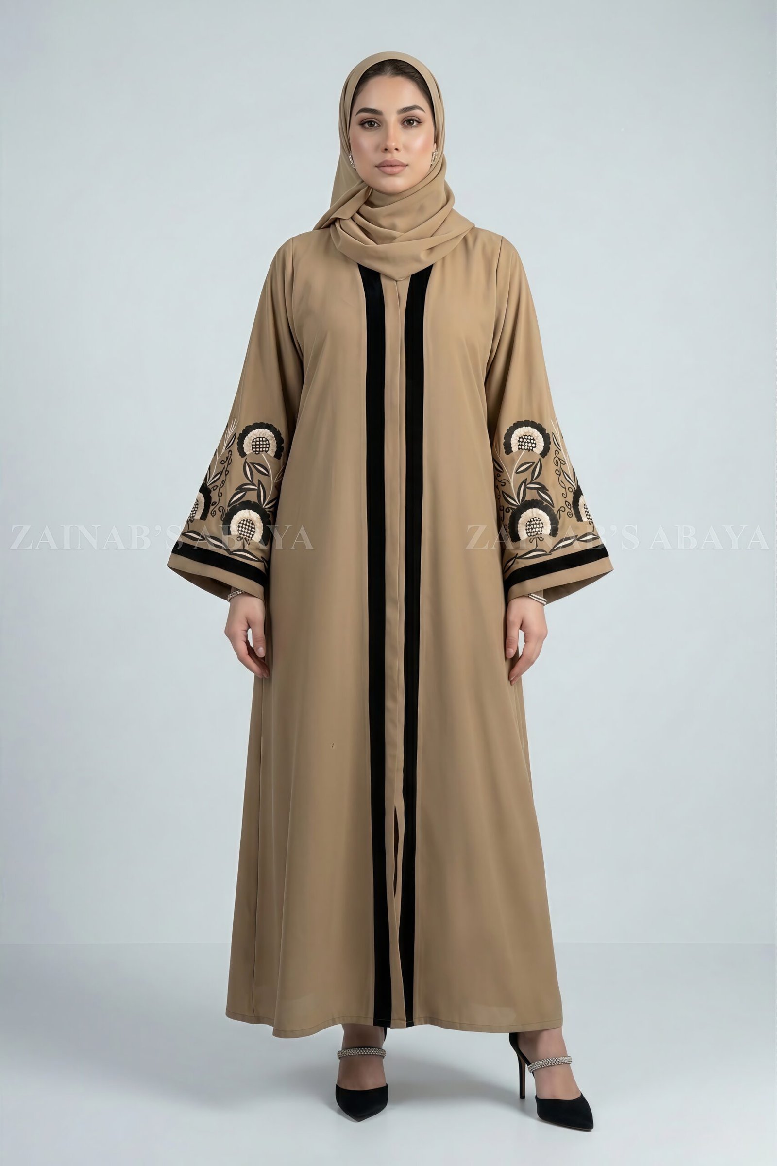 IMG_3237 Nida Color Front Open Gown Abaya Embroidery On Sleeves – 0831 - Image 1