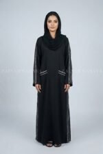 Maxi Abaya for women in black color with a matching scarf in chiffon fabric.
