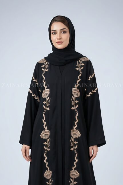 Front Open Gown Abaya in Nida fabric with elegant embroidery