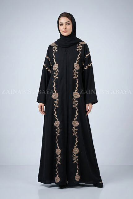 Front Open Gown Abaya in Nida fabric with elegant embroidery