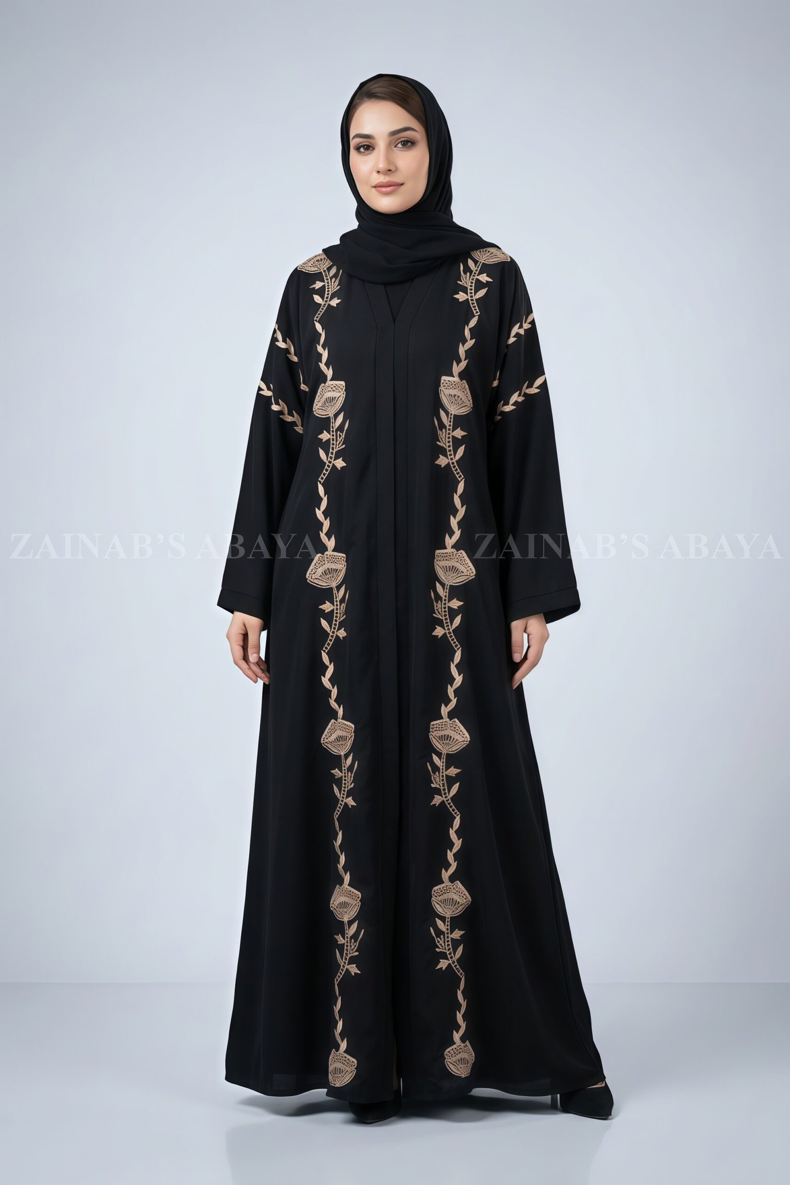 Front Open Gown Abaya Front Open Gown Abaya in Nida fabric with elegant embroidery