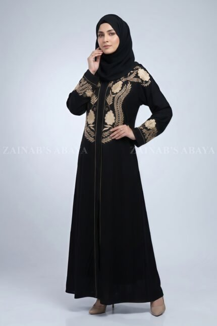 Embroidered Front Open Gown Abaya with a matching scarf