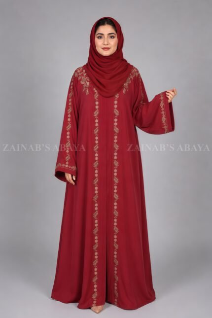 Nida front open gown abaya with intricate embroidery on the front, back, and sleeves, offering a stylish and modest design.