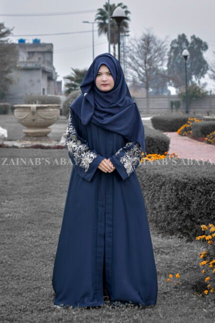 Front Open Abaya in navy blue color with embroidery on back and sleeves with a motive on staler.
