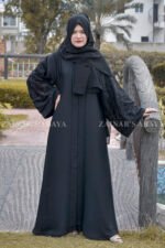 Black Front Open Gown Abaya with Embroidery