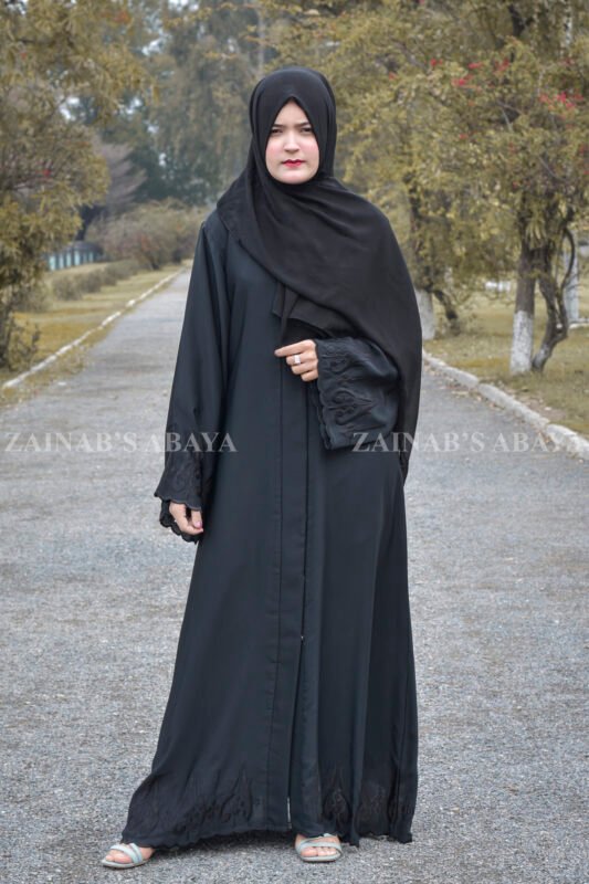 Black Front Open Abaya with Embroidery on Sleeves and Borders