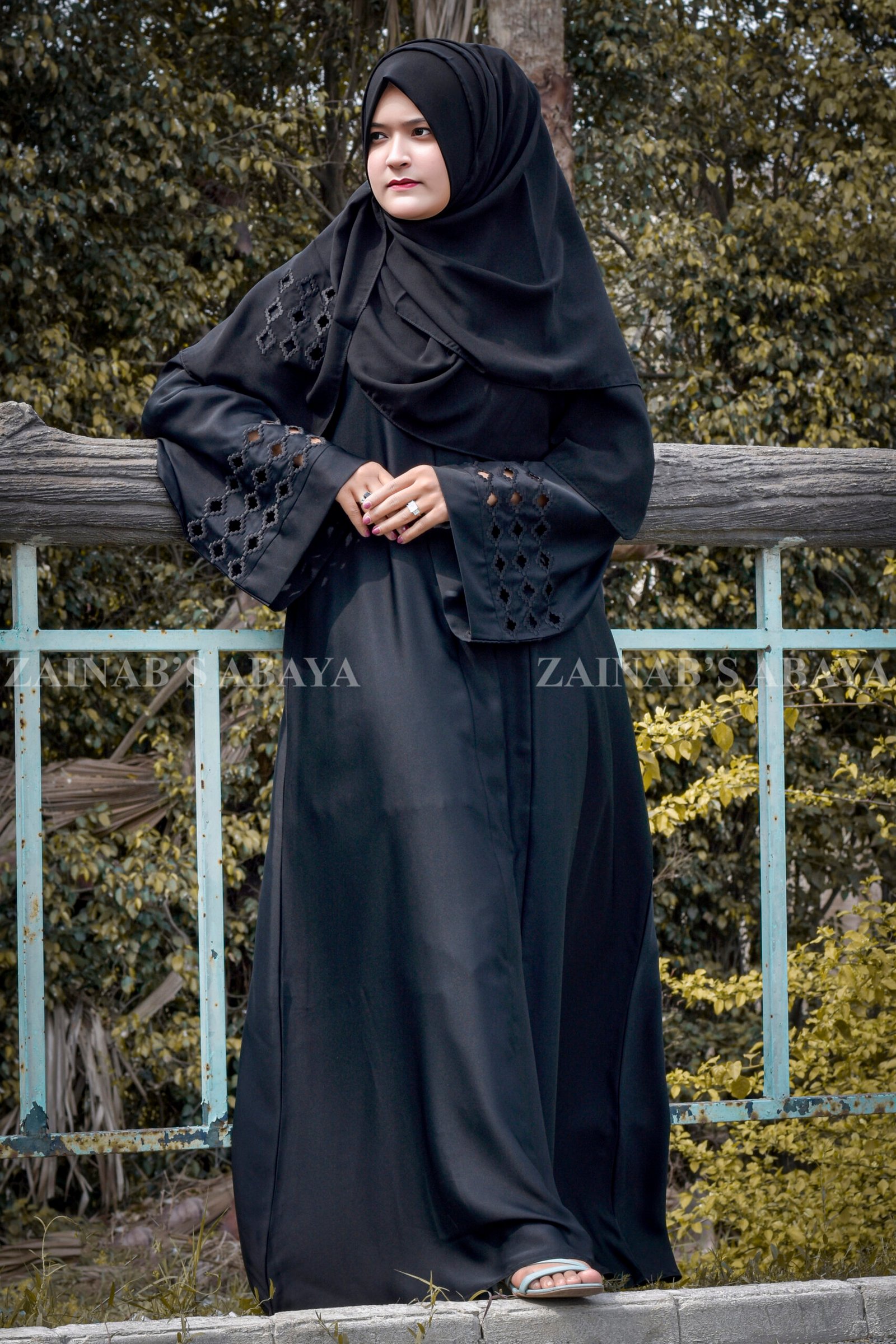 Front Open Abaya Nida Black Front Open Gown Abaya with Cut-work on Sleeves.