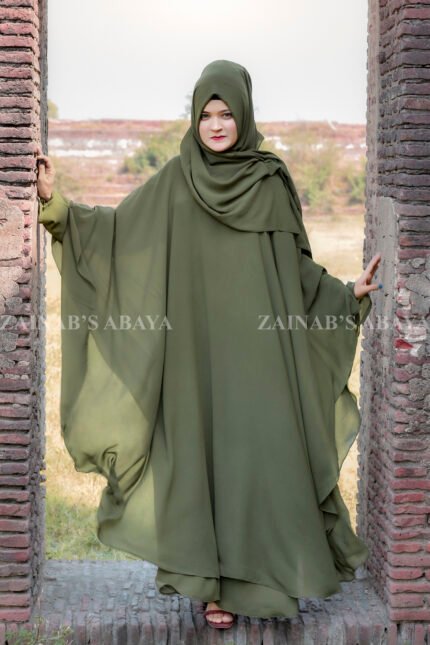 Double Chiffon Butterfly Abaya in Olive Green Color with same matching color scarf.