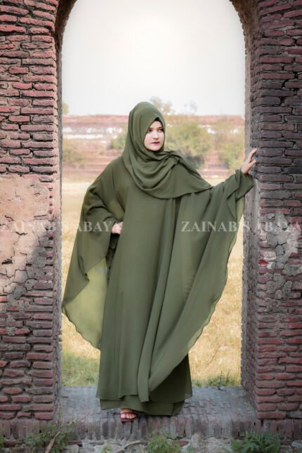 Double Chiffon Butterfly Abaya in Olive Green Color with same matching color scarf.
