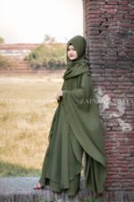 Double Chiffon Butterfly Abaya in Olive Green Color with same matching color scarf.