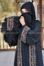 Front Open Abaya in Black Color with Elegant Embroidery on front, sleeves cuffs and Motive on Scarf with same color scarf