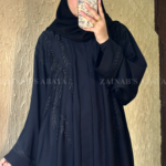 Front Open Abaya in Navy Blue Color with Embroidery on Front & Sleeves in Nida Korean Imported Stuff.