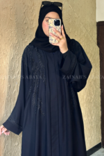 Front Open Abaya in Navy Blue Color with Embroidery on Front & Sleeves in Nida Korean Imported Stuff.