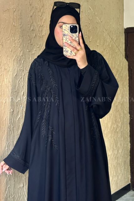 Front Open Abaya in Navy Blue Color with Embroidery on Front & Sleeves in Nida Korean Imported Stuff.