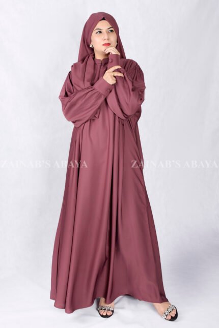 Nida Maxi Abaya in Maroon Color with Plates and Cuff Style Sleeves as well as a matching scarf in chiffon fabric.
