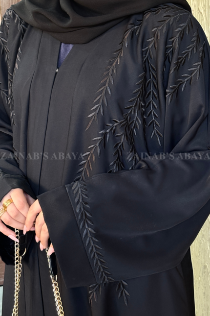 Front Open Abaya in Navy Blue Color with Embroidery on Front & Sleeves in Nida Korean Imported Stuff.