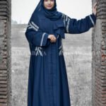 Front Open Abaya in Navy Blue Color with Embroidery on Front & Sleeves in Nida Korean Imported Stuff.