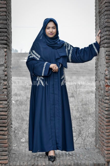 Front Open Abaya in Navy Blue Color with Embroidery on Front & Sleeves in Nida Korean Imported Stuff.