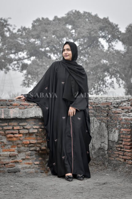 Black Kaftan Abaya with Bow Style Embroidery