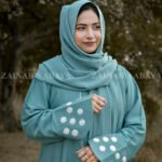 Front Open Abaya in Grape Color with White Color Embroidery on Cuffs