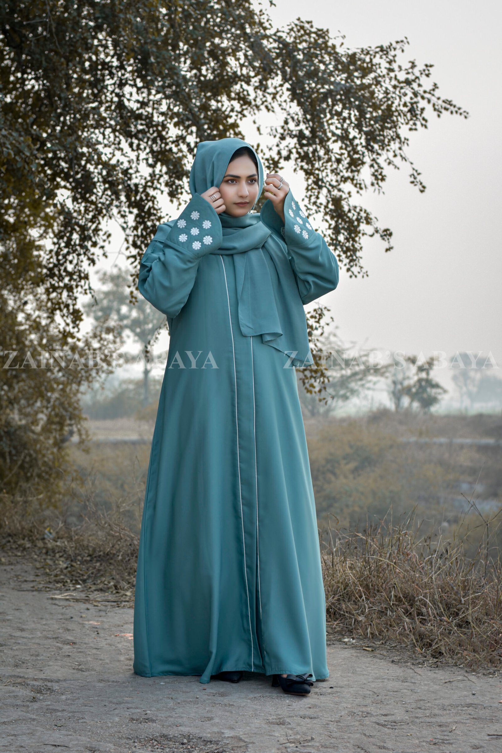 Front Open Abaya in Grape Color with White Color Embroidery on Cuffs