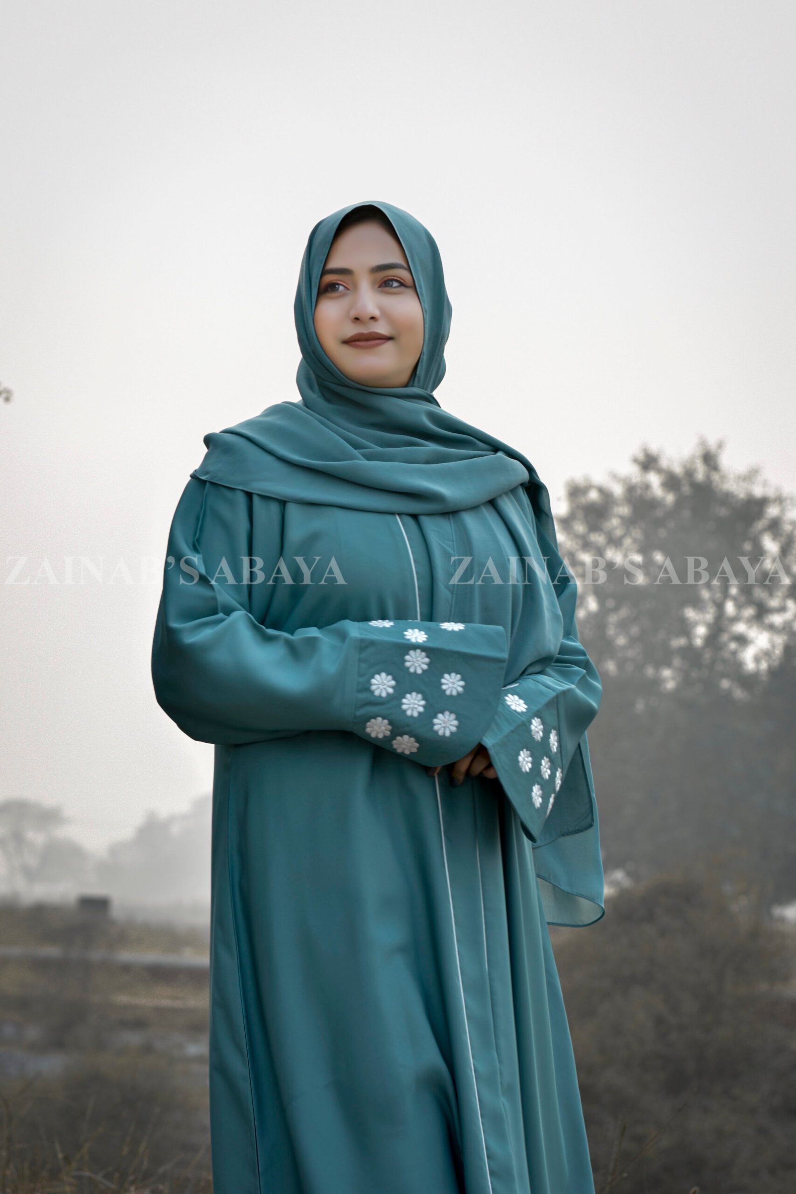 Front Open Abaya in Grape Color with White Color Embroidery on Cuffs