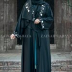 Black Front Open Abaya with Embroidery on Collar Cuffs and Motive on Staller