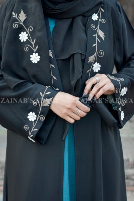 Front Open Abaya in Black Color with Embroidery in White and Smoke Color Combination on Collar and Motive on Staller/Scarf.