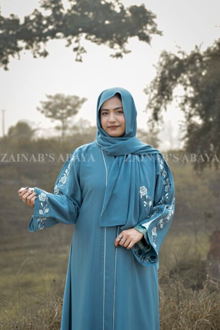 Front Open Abaya with elegant embroidery design on sleeves a single motive on scarf.