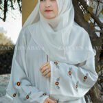 White Front Open Gown Abaya with Multi Color Embroidery Motives on Sleeves