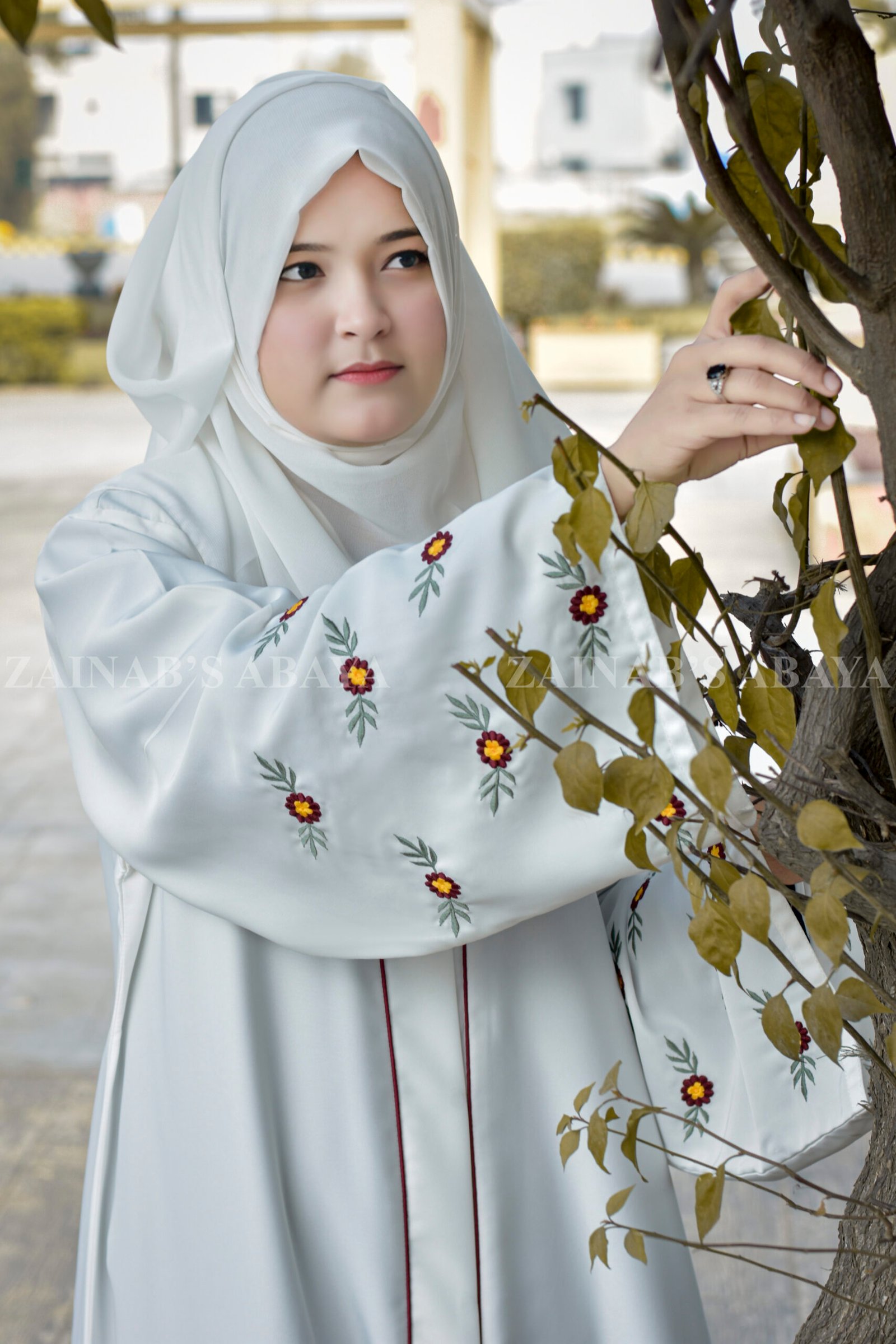 Front Open Abaya with Embroidery on Sleeves and motives on Scarf.