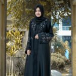Front Open Abaya in Nida Korean Fabric with stone work and embroidery as well on front and sleeves