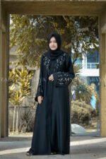 Black Front Open Abaya with Embroidery and Stone Work o Front and Sleeves Cheap Black Abayas