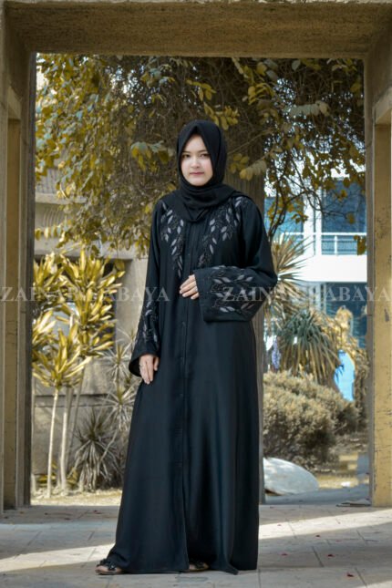 Front Open Abaya in Nida Korean Fabric with stone work and embroidery as well on front and sleeves