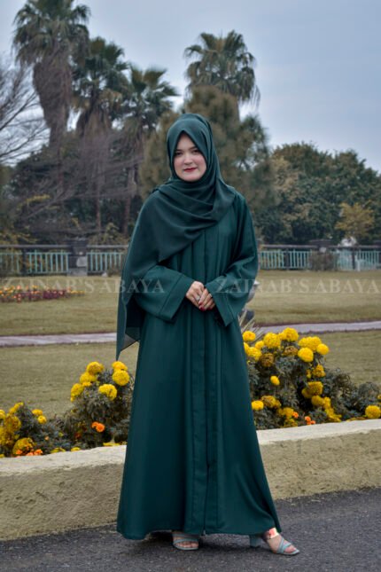 Plain Abaya in Front Open Style in Green Color