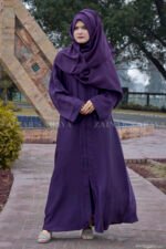 Plain Abaya in Front Open Style Purple Color with same color chiffon scarf.