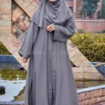 Plain Abaya in Grey Color with Front Open Style & same color chiffon scarf.