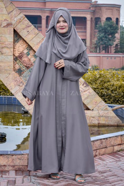 Plain Abaya in Grey Color with Front Open Style & same color chiffon scarf.