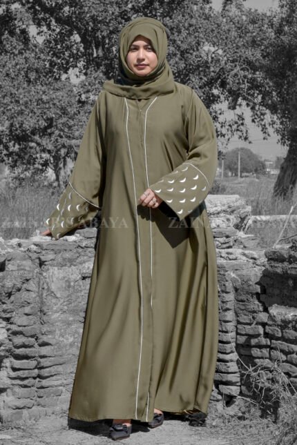 An Elegant Abaya in Front Open Style with Moon Style Embroidery on Sleeves and abaya in Olive Green while embroidery in White Color.
