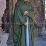 Maxi Abaya + Kaftan in Olive Green Color with White Inner Maxi and same color scarf in Chiffon