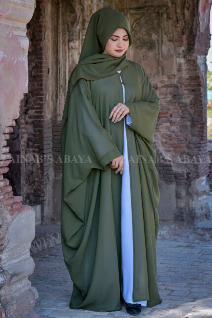 Maxi Abaya + Kaftan in Olive Green Color with White Inner Maxi and same color scarf in Chiffon