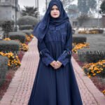 Maxi Abaya in Navy Blue Color with Velvet and stone work on upper half front and sleeves.