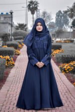 Maxi Abaya in Navy Blue Color with Velvet and stone work on upper half front and sleeves.