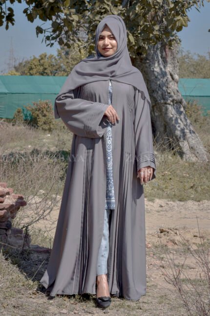 Nida Front Open Gown Abaya with plates style on front and sleeves with same color staler.