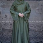 Front Open Abaya in Olive Green Color with Plates and Stone work on sleeves border.