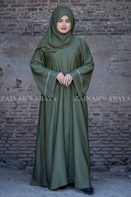 Front Open Abaya in Olive Green Color with Plates and Stone work on sleeves border.